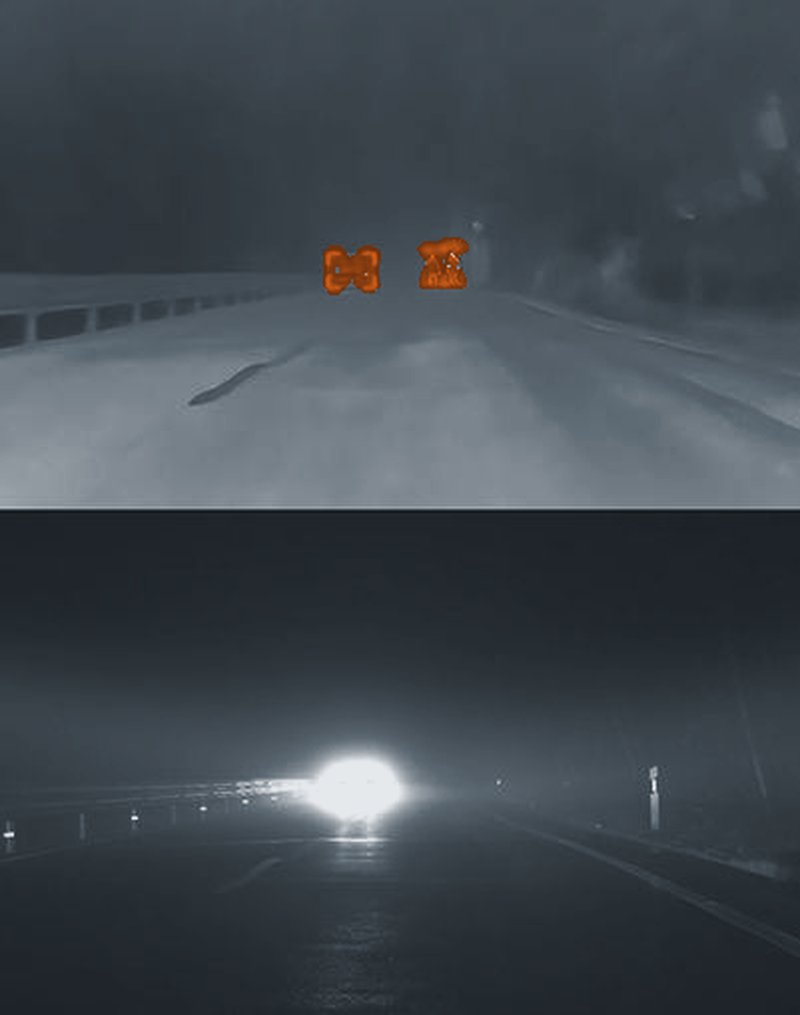 Vergleich: Wärmebild erkennt Fahrzeug und Person im Nebel, Kamera zeigt nur Scheinwerferblendung