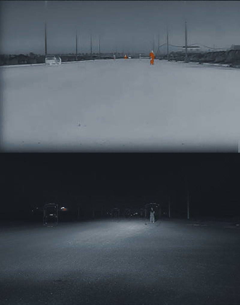 Vergleich: Wärmebild zeigt Straße und Umgebung bei Dunkelheit, Kamera nur den Scheinwerferkegel